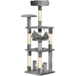 PawHut Albero Tiragraffi Per Gatti A 4 Livelli In Peluche Sisal Naturale Grigio 40x40x132cm