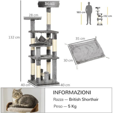 PawHut Albero Tiragraffi Per Gatti A 4 Livelli In Peluche Sisal Naturale Grigio 40x40x132cm 5 PawHut Albero Tiragraffi Per Gatti A 4 Livelli In Peluche Sisal Naturale Grigio 40x40x132cm - immagine 3