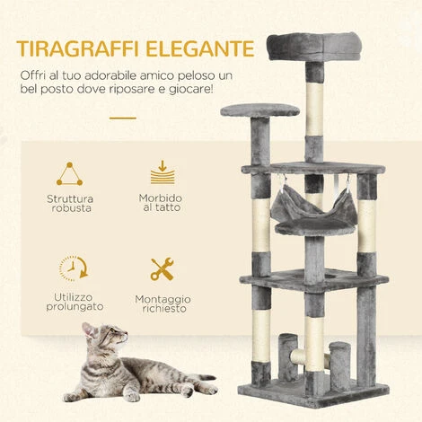 PawHut Albero Tiragraffi Per Gatti A 4 Livelli In Peluche Sisal Naturale Grigio 40x40x132cm 6 PawHut Albero Tiragraffi Per Gatti A 4 Livelli In Peluche Sisal Naturale Grigio 40x40x132cm - immagine 4