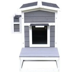 PawHut Cuccia Per Gatti Rialzata Con Balconcino E Tetto Impermeabile Da Giardino Legno 83x66.5x74.7cm Grigio -Cibi per gatti Italia 11608322 4