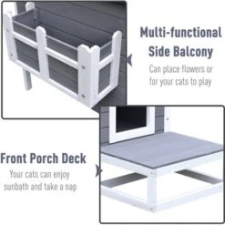 PawHut Cuccia Per Gatti Rialzata Con Balconcino E Tetto Impermeabile Da Giardino Legno 83x66.5x74.7cm Grigio -Cibi per gatti Italia 11608322 5