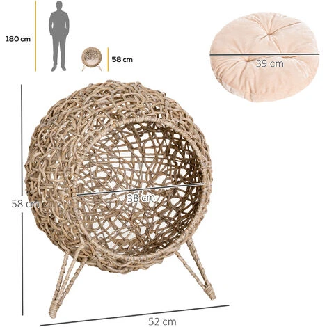 PawHut Lettto Per Gatti In Vimini Marrone Chiaro Con Cuscino Φ52x58cm 5 PawHut Lettto Per Gatti In Vimini Marrone Chiaro Con Cuscino Φ52x58cm - immagine 3