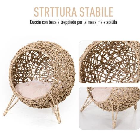 PawHut Lettto Per Gatti In Vimini Marrone Chiaro Con Cuscino Φ52x58cm 7 PawHut Lettto Per Gatti In Vimini Marrone Chiaro Con Cuscino Φ52x58cm - immagine 5