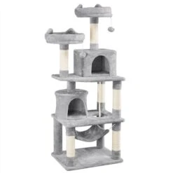 Yaheetech Tiragraffi Albero Per Gatti Adulti 61 X 49 X 158 Cm Con Giocattolo Per Gatto 2 Palle Cuccia Graffiatoio In Corda Sisal Naturale Grigio Chiaro