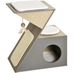 PawHut Cuccia Per Gatti Con Tiragraffi E Pallina In Corda Sisal E Legno MDF Grigio E Color Legno