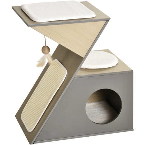 PawHut Cuccia Per Gatti Con Tiragraffi E Pallina In Corda Sisal E Legno MDF Grigio E Color Legno 3 PawHut Cuccia Per Gatti Con Tiragraffi E Pallina In Corda Sisal E Legno MDF Grigio E Color Legno