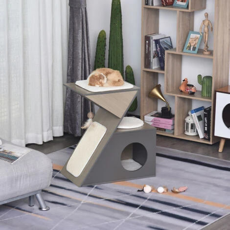 PawHut Cuccia Per Gatti Con Tiragraffi E Pallina In Corda Sisal E Legno MDF Grigio E Color Legno 4 PawHut Cuccia Per Gatti Con Tiragraffi E Pallina In Corda Sisal E Legno MDF Grigio E Color Legno - immagine 2