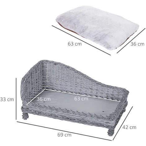 PawHut Chaise Longue Cuccia Per Animali Domestici In Vimini Con Cuscino Grigio 5 PawHut Chaise Longue Cuccia Per Animali Domestici In Vimini Con Cuscino Grigio - immagine 3