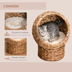PawHut Letto Per Gatti In Vimini Con Cuscino In Cotone Marrone E Bianco 42 X 33 X 52 Cm -Cibi per gatti Italia 26425203 4