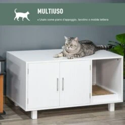 PawHut Mobile Per Lettiera Gatti In Legno, 2 Ante E Apertura Laterale Con Tiragraffi -Cibi per gatti Italia 28384578 5