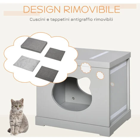 PawHut Cuccia Per Gatti In Legno Con 2 Cuscini E Tiragraffi Rimovibili, Grigio 7 PawHut Cuccia Per Gatti In Legno Con 2 Cuscini E Tiragraffi Rimovibili, Grigio - immagine 5