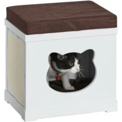 PawHut Cuccia Per Gatti In Legno Con 2 Cuscini E Tiragraffi Rimovibili, Bianco