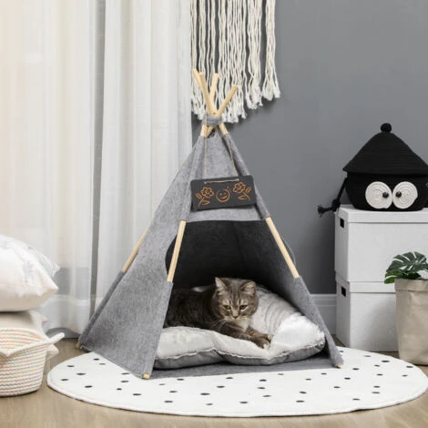 PawHut Tenda Cuccia Per Gatti O Cani Piccoli Da Interno, Teepee In Feltro Grigio, 58x58x80cm 4 PawHut Tenda Cuccia Per Gatti O Cani Piccoli Da Interno, Teepee In Feltro Grigio, 58x58x80cm - immagine 2