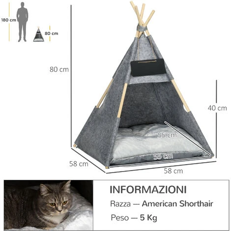 PawHut Tenda Cuccia Per Gatti O Cani Piccoli Da Interno, Teepee In Feltro Grigio, 58x58x80cm 5 PawHut Tenda Cuccia Per Gatti O Cani Piccoli Da Interno, Teepee In Feltro Grigio, 58x58x80cm - immagine 3