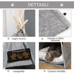 PawHut Tenda Cuccia Per Gatti O Cani Piccoli Da Interno, Teepee In Feltro Grigio, 58x58x80cm 10 PawHut Tenda Cuccia Per Gatti O Cani Piccoli Da Interno, Teepee In Feltro Grigio, 58x58x80cm -Cibi per gatti Italia 33204972 4