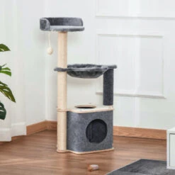 PawHut Albero Tiragraffi Multilivello Palestra Per Gatti Con Casetta, Amaca, Cuccia E Corde In Sisal, 48x34x95cm, Grigio -Cibi per gatti Italia 35556064 2