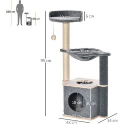 PawHut Albero Tiragraffi Multilivello Palestra Per Gatti Con Casetta, Amaca, Cuccia E Corde In Sisal, 48x34x95cm, Grigio -Cibi per gatti Italia 35556064 3