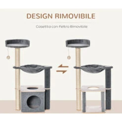 PawHut Albero Tiragraffi Multilivello Palestra Per Gatti Con Casetta, Amaca, Cuccia E Corde In Sisal, 48x34x95cm, Grigio -Cibi per gatti Italia 35556064 5
