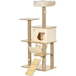 PawHut Albero Tiragraffi Multilivello Con Casetta, Amaca, Scaletta E Corde In Juta, Rivestimento Peluche, 60x40x130cm, Giallo