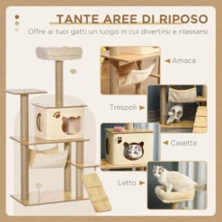 PawHut Albero Tiragraffi Multilivello Con Casetta, Amaca, Scaletta E Corde In Juta, Rivestimento Peluche, 60x40x130cm, Giallo -Cibi per gatti Italia 35556073 4