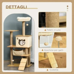 PawHut Albero Tiragraffi Multilivello Con Casetta, Amaca, Scaletta E Corde In Juta, Rivestimento Peluche, 60x40x130cm, Giallo -Cibi per gatti Italia 35556073 5