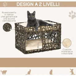 PawHut Cuccia Per Gatti Fino A 5kg In Vimini Sintetico 2 Livelli Con Cuscini - Marrone Scuro -Cibi per gatti Italia 41949708 4