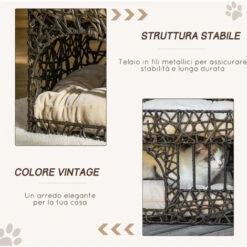 PawHut Cuccia Per Gatti Fino A 5kg In Vimini Sintetico 2 Livelli Con Cuscini - Marrone Scuro -Cibi per gatti Italia 41949708 5