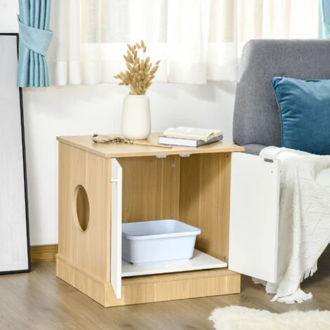 PawHut Mobile Lettiera Per Gatti Con 2 Ante E Ripiano Interno Estraibile In Legno, 60x55x62.5cm - Legno/Bianco 4 PawHut Mobile Lettiera Per Gatti Con 2 Ante E Ripiano Interno Estraibile In Legno, 60x55x62.5cm - Legno/Bianco - immagine 2