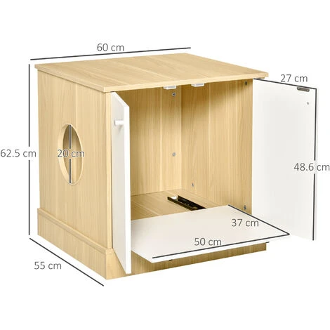 PawHut Mobile Lettiera Per Gatti Con 2 Ante E Ripiano Interno Estraibile In Legno, 60x55x62.5cm - Legno/Bianco 5 PawHut Mobile Lettiera Per Gatti Con 2 Ante E Ripiano Interno Estraibile In Legno, 60x55x62.5cm - Legno/Bianco - immagine 3