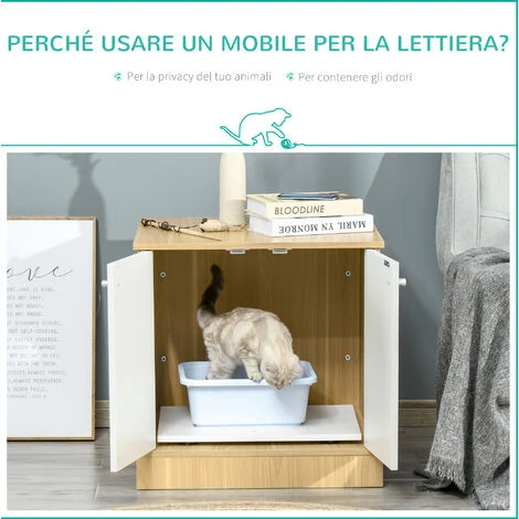 PawHut Mobile Lettiera Per Gatti Con 2 Ante E Ripiano Interno Estraibile In Legno, 60x55x62.5cm - Legno/Bianco 6 PawHut Mobile Lettiera Per Gatti Con 2 Ante E Ripiano Interno Estraibile In Legno, 60x55x62.5cm - Legno/Bianco - immagine 4
