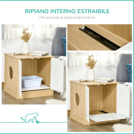 PawHut Mobile Lettiera Per Gatti Con 2 Ante E Ripiano Interno Estraibile In Legno, 60x55x62.5cm - Legno/Bianco 7 PawHut Mobile Lettiera Per Gatti Con 2 Ante E Ripiano Interno Estraibile In Legno, 60x55x62.5cm - Legno/Bianco - immagine 5