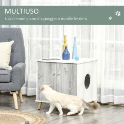 PawHut Mobile Lettiera Per Gatti Fino 5.5kg Con 2 Ante E Foro D'Ingresso Laterale, 60x55x62.5cm - Bianco/Grigio -Cibi per gatti Italia 48390603 5