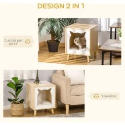 PawHut Casetta Per Gatti 2 In 1 E Tavolino, Cuscino Lavabile E Gambe In Legno, 40x40x50cm -Cibi per gatti Italia 48391037 4