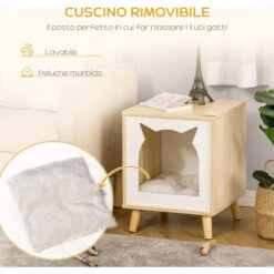 PawHut Casetta Per Gatti 2 In 1 E Tavolino, Cuscino Lavabile E Gambe In Legno, 40x40x50cm -Cibi per gatti Italia 48391037 5