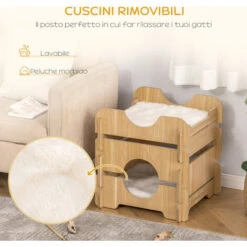 PawHut Cuccia Per Gatti Su 2 Livelli Con Cuscini Rimovibili E Lavabili, 50x50x50cm - Rovere -Cibi per gatti Italia 48391081 5