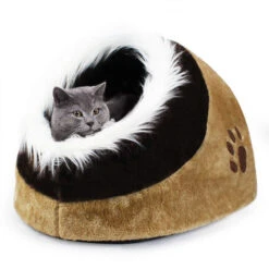 Todeco Grotta Per Animali Ripieni, Casa Di Gatto - Materiale: Spugna Morbida - Accessori: (1x) Cuscino Rimovibile - 48 X 43 X 32 Cm, Marrone