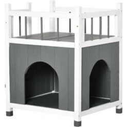 PawHut Casetta Per Gatti Da Esterni Con 2 Ingressi, 2 Gradini E 1 Balcone, Cuccia Per Gatti In Legno D'Abete, 60x46x65 Cm, Grigia