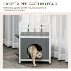 PawHut Casetta Per Gatti Da Esterni Con 2 Ingressi, 2 Gradini E 1 Balcone, Cuccia Per Gatti In Legno D'Abete, 60x46x65 Cm, Grigia -Cibi per gatti Italia 55054523 3