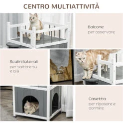 PawHut Casetta Per Gatti Da Esterni Con 2 Ingressi, 2 Gradini E 1 Balcone, Cuccia Per Gatti In Legno D'Abete, 60x46x65 Cm, Grigia -Cibi per gatti Italia 55054523 4