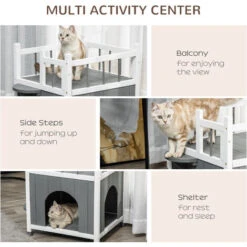 PawHut Casetta Per Gatti Da Esterni Con 2 Ingressi, 2 Gradini E 1 Balcone, Cuccia Per Gatti In Legno D'Abete, 60x46x65 Cm, Grigia -Cibi per gatti Italia 55054523 5