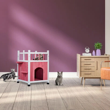 Relaxdays Casa Per Gatti, Villa Per Felini A 2 Piani, Con Balcone, Legno Di Pino, HLP: 65,5 X 54 X 45 Cm, Rosso Pastello 4 Relaxdays Casa Per Gatti, Villa Per Felini A 2 Piani, Con Balcone, Legno Di Pino, HLP: 65,5 X 54 X 45 Cm, Rosso Pastello - immagine 2
