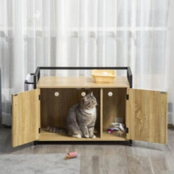 PawHut Mobile Lettiera Per Gatti Con 2 Ante E Ingresso Laterale, 82.3x51x54cm, Color Legno E Nero -Cibi per gatti Italia 59116089 2