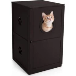 COSTWAY Mobile Per Lettiera Gatti In Legno A 2 Livelli, Casetta Per Gatti Con Dispositivo Antiribaltamento, Porta Apribile, Prese D’Aria E Foro D'Ingresso, 60 Cm X 53 Cm X 90 Cm