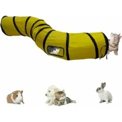 Labirinto Interattivo, Pieghevole E Leggero A 5 Tunnel In Tessuto Stropicciato Con Pon Pon E Campanelli Per Gatti, Conigli, Gattini, Cuccioli, Furetti O Porcellini D'India Giallo A Forma Di S