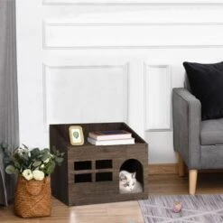 Casetta Per Gatto Interno, Cuccia Gatto Esterno Casetta Per Gatto In Legno Cuccia Per Gatto In Legno Casa Per Gatti Cuccia Gatto Chiusa Con Mobili Nascosti Con Cuscino 47 X 35 X 42 Cm -Cibi per gatti Italia 80694479 3