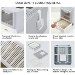 None Lettiera Per Gatti Grande Toilette Per Gatti Chiusa Con Design Pieghevole, Vassoio Estraibile E Paletta Grigio 51 X 41 X 38 Cm -Cibi per gatti Italia 81947002 3