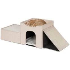Relaxdays Cuccia Per Gatti, HLP: 36,5 X 112 X 41 Cm, Casetta A 3 Posti Con Cuscini E Rampa Tiragraffi, Pieghevole, Beige