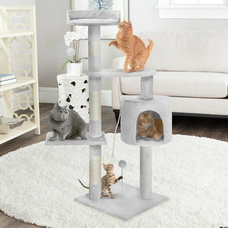 Albero Tiragraffi 112cm Grigio Chiaro Con Cuccia Per Gatti Corda E Pallina 3 Albero Tiragraffi 112cm Grigio Chiaro Con Cuccia Per Gatti Corda E Pallina