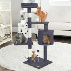 Albero Tiragraffi 112cm Grigio Con Cuccia Per Gatti Corda E Pallina Parcogiochi