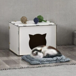 Nova Casetta A Cubo Per Gatti Con Apertura A Forma Di Gatto In Legno Bianco